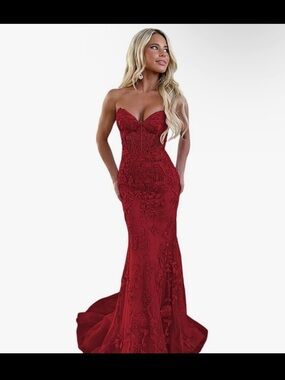 Amazon Red Strapless Lace Mermaid Prom Dress